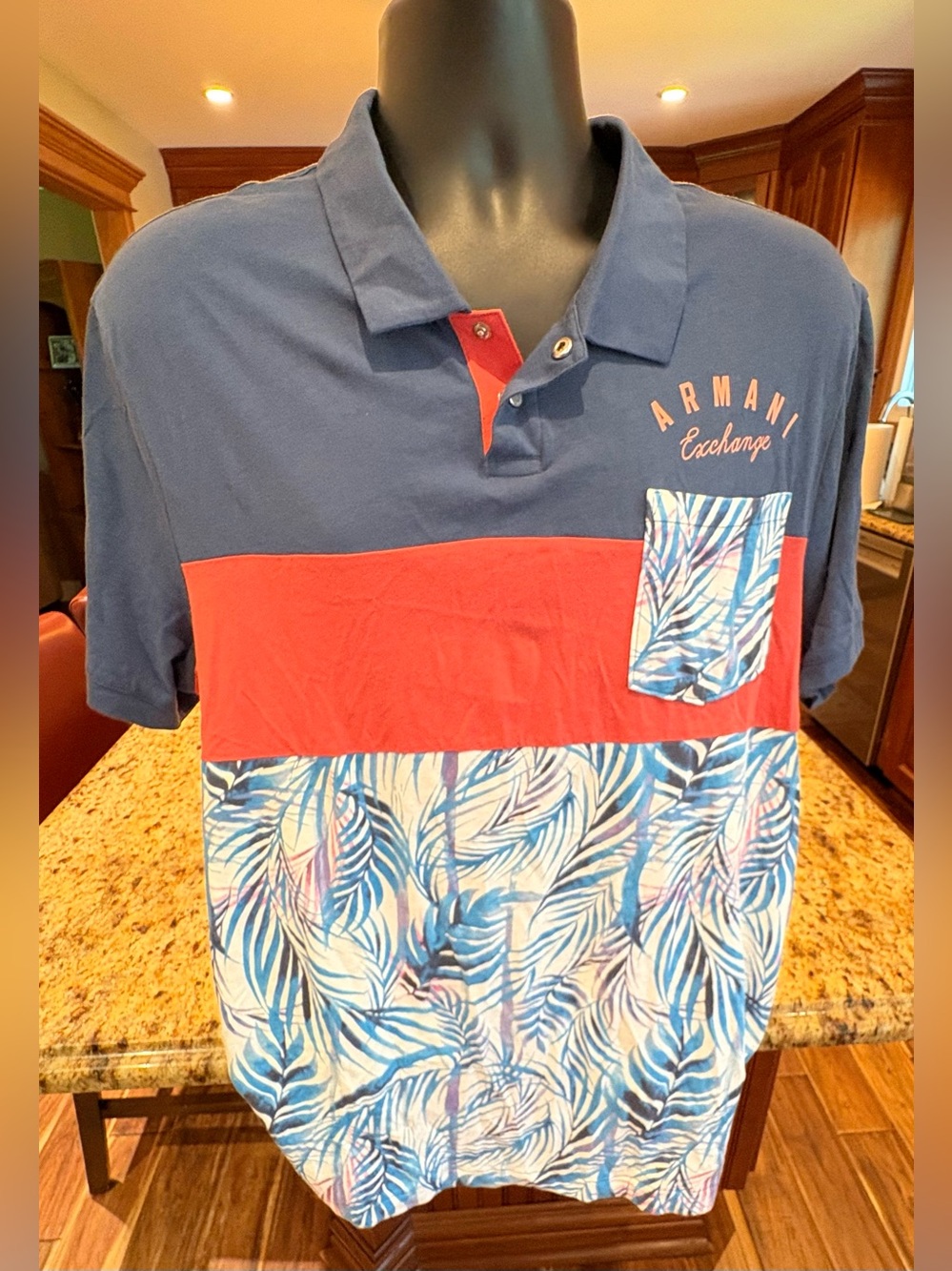 Armani Exchange men’s polo. Sharp blue & red with tropical print & logo. 2XL